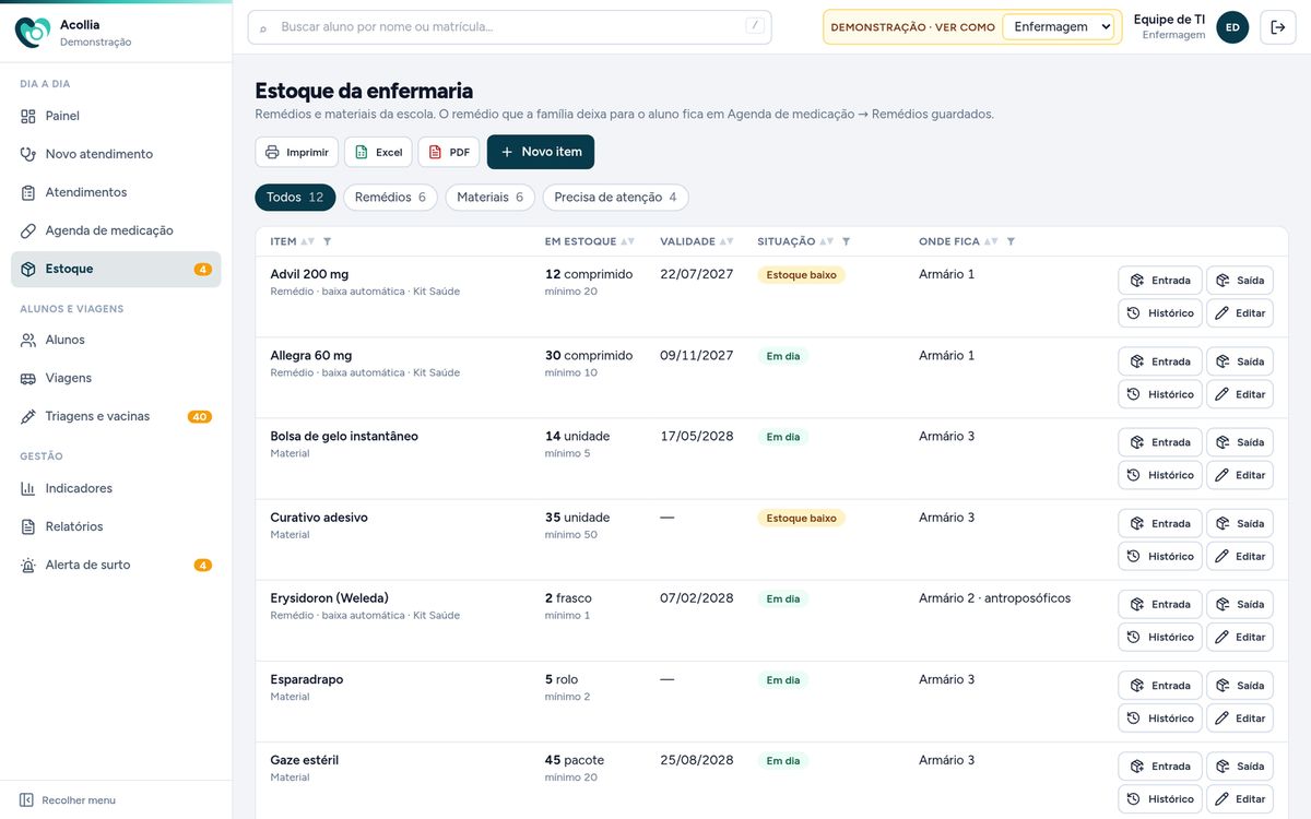 Lista do estoque com saldo, validade e situação de cada item